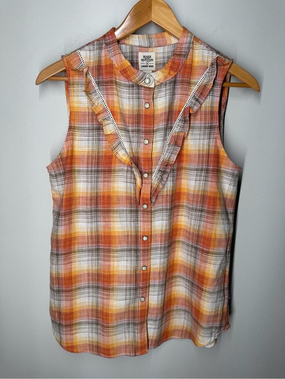Blake Shelton Lands’ End Plaid Ruffle Snap Front Western Cowgirl Farm Cotton